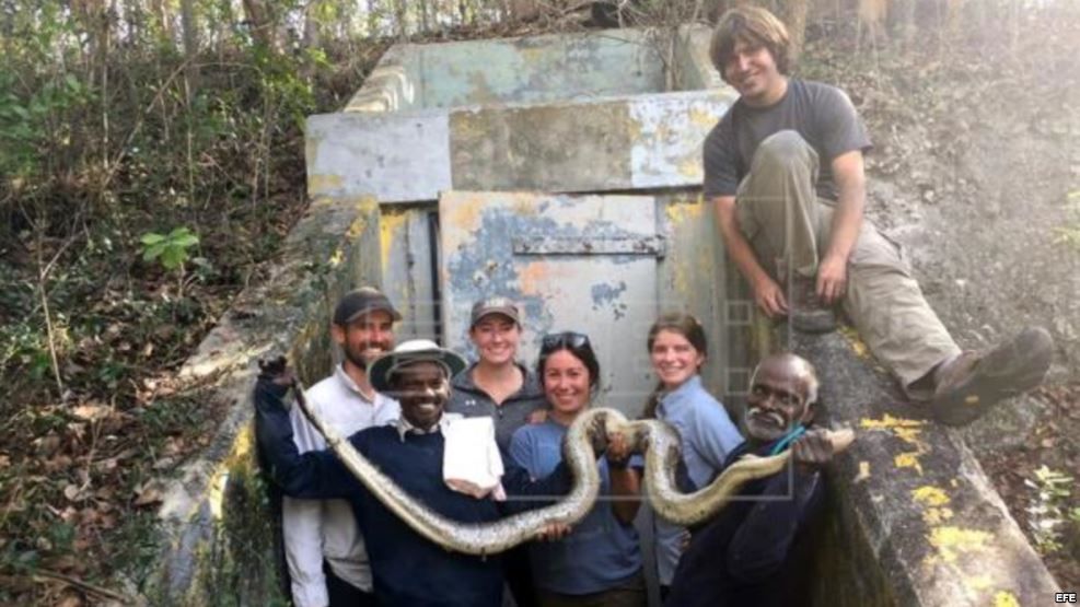 Los dos cazadores de serpientes de la India Vadivel Gopal y Masi Sadaiyan, posando con una serpiente junto a otras personas. Foto tomada durante sus ocho primeros días de trabajo en los Everglades, en Florida.