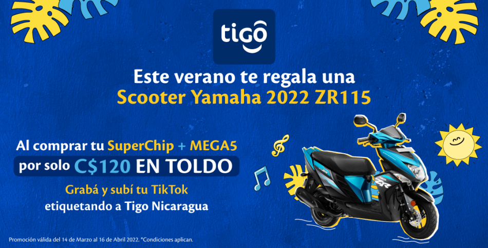 Los clientes que visiten y activen un servicio en el Toldo Veranero Tigo podrán participar en la rifa de una “Scooter Yamaha 2022 ZR 115”.