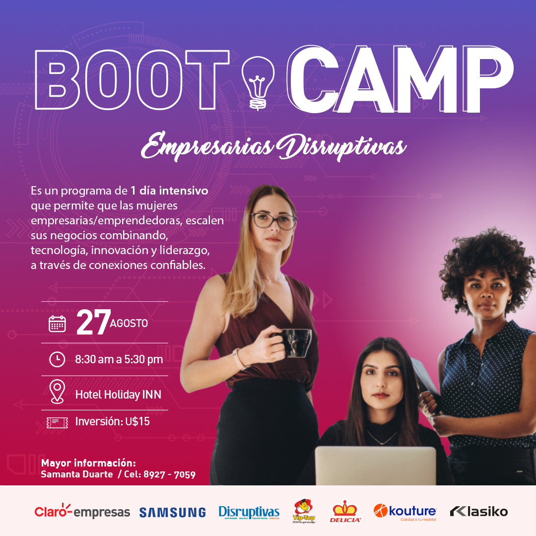 Claro Empresas y marcas socialmente responsables, invitan al primer “Bootcamp Empresarias Disruptivas”, dirigido a la formación de mujeres emprendedoras, quienes apuestan por la innovación tecnológica, el empoderamiento y liderazgo femenino en el país.
