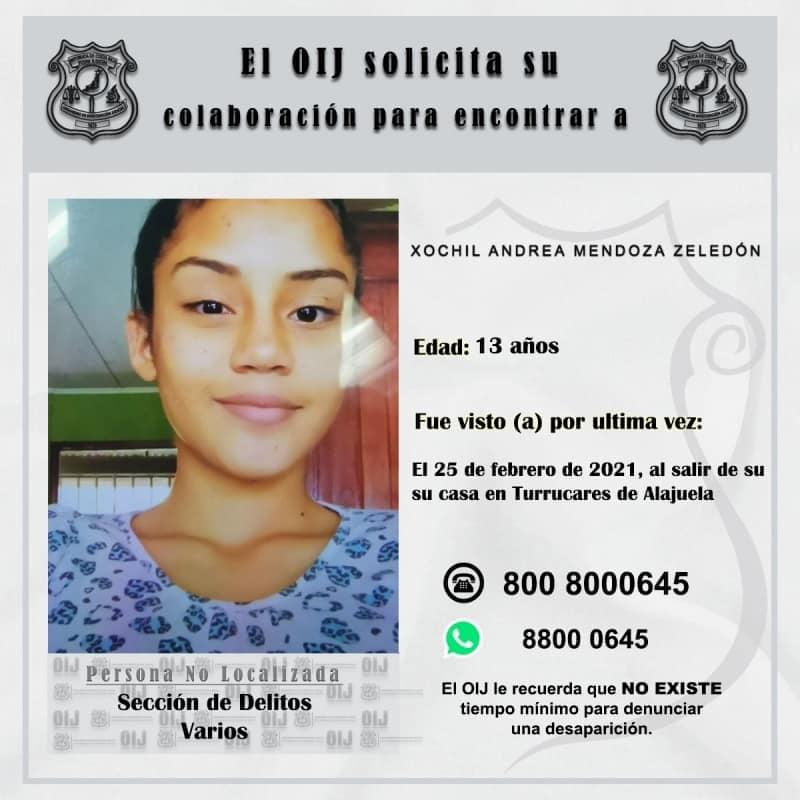 Niña nicaragüense de 13 años se encuentra desaparecida desde hace más de tres meses en Costa Rica