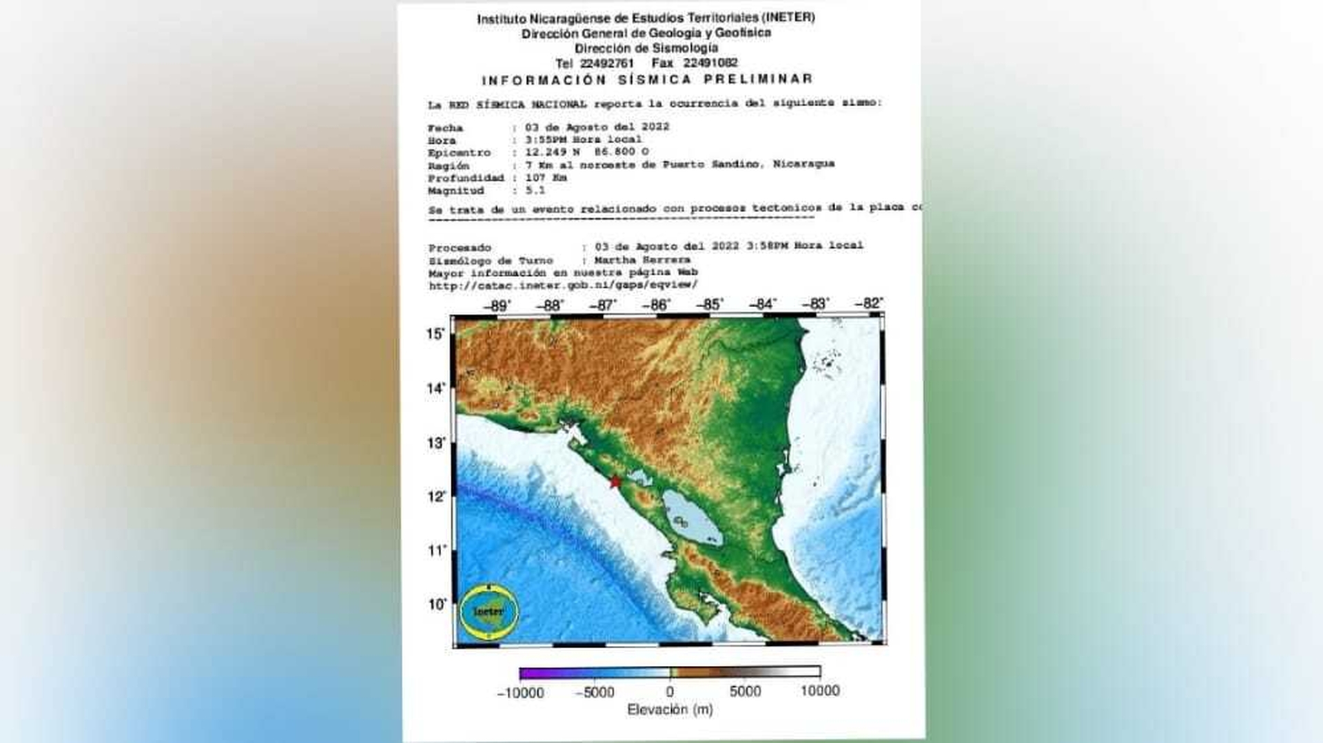 Fuerte temblor sacude costa del Pacifico nicaragüense