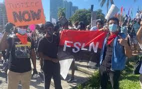 Infobae en uno de sus artículos mencionó sobre la participación de algunos ciudadanos portando al bandera del FSLN en las manifestaciones de Estados Unidos/imagen tomada de Infobae