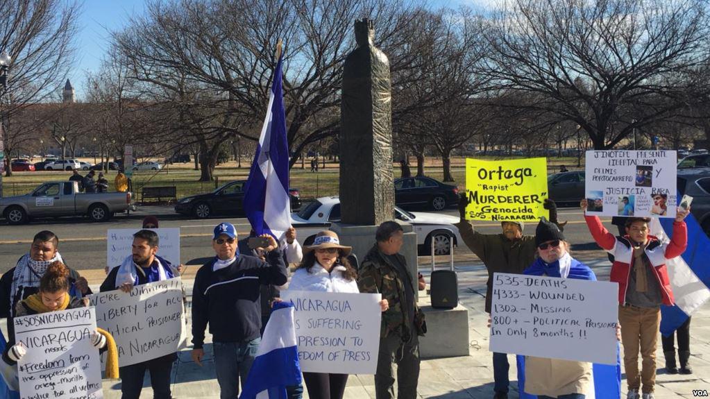 Nicaragüenses exiliados llegaron a la sede de la OEA, en Washington, para manifestar su descontento con la crisis sociopolítica que vive Nicaragua.